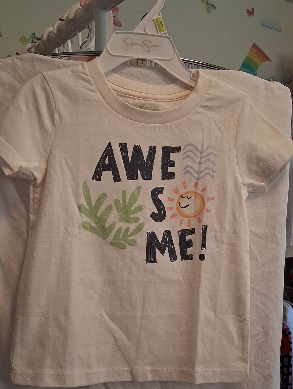 Gymboree Cream Tee with Navy Text, Green Leaves & Yellow Sun Graphic